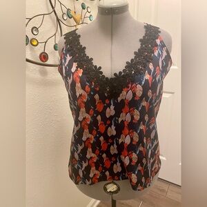 Shein Sleeveless Top Size Large leaf print Stretch floral lace Vneck